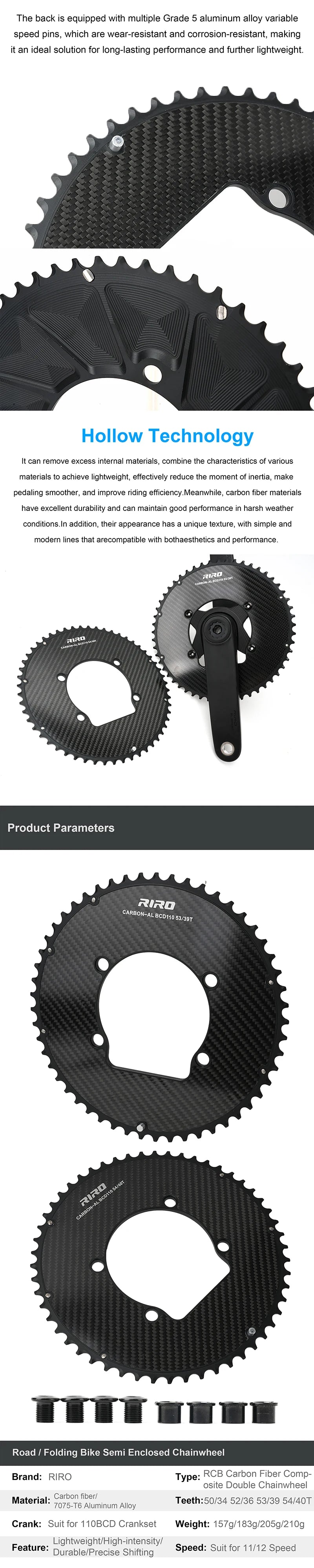 Riro Carbon 110Bcd Chainring Carbon Road Bike Chainring 50-34T 52-36T 53-39T 54-40T for R7100 R8100 R9200 110 Bcd Crown Aluminum