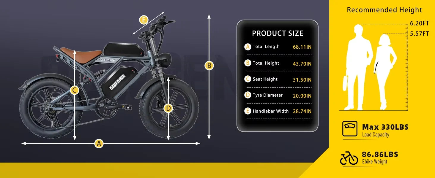 Deepower Electric Bike 2000W 48V 60AH 20Inch Fat Tire Mountain Ebike for Adults Disc Brake Off-Road Adventure Electric Bicycle