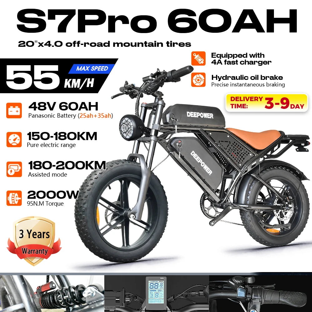 DEEPOWER S7Pro Electric Bike for Adults, 48V, 60Ah,Dual Battery, 20''x4.0 Fat Tires,Snow Mountain E-Bike, 2000W Electric Bicycle