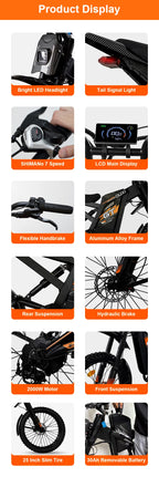 2025 Newest Style 24 Inch Fat Tire Off- Road Electric Mountain Bikes GT2000 Electric Cycle Bicycles for Adults