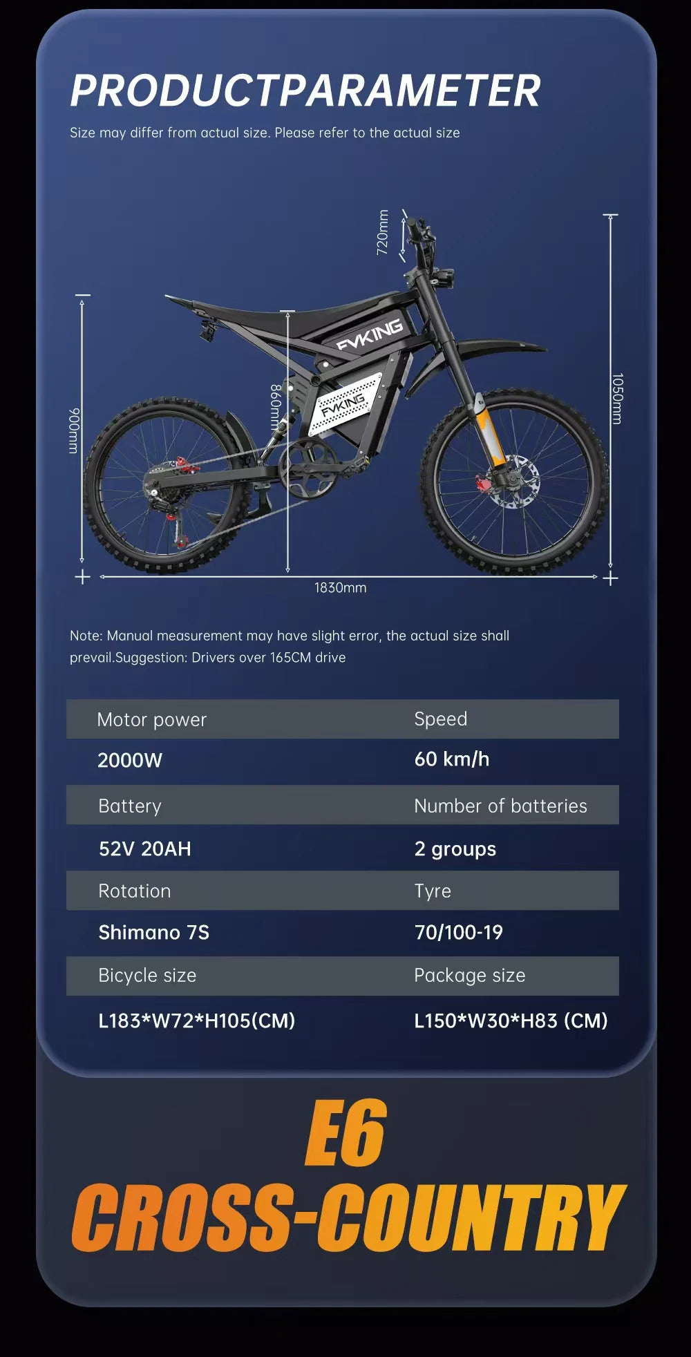 FVKINGE6 off-road electric bicycle peak 2900W motor 60KM/H52V40AH electric motorcycle 25 inches